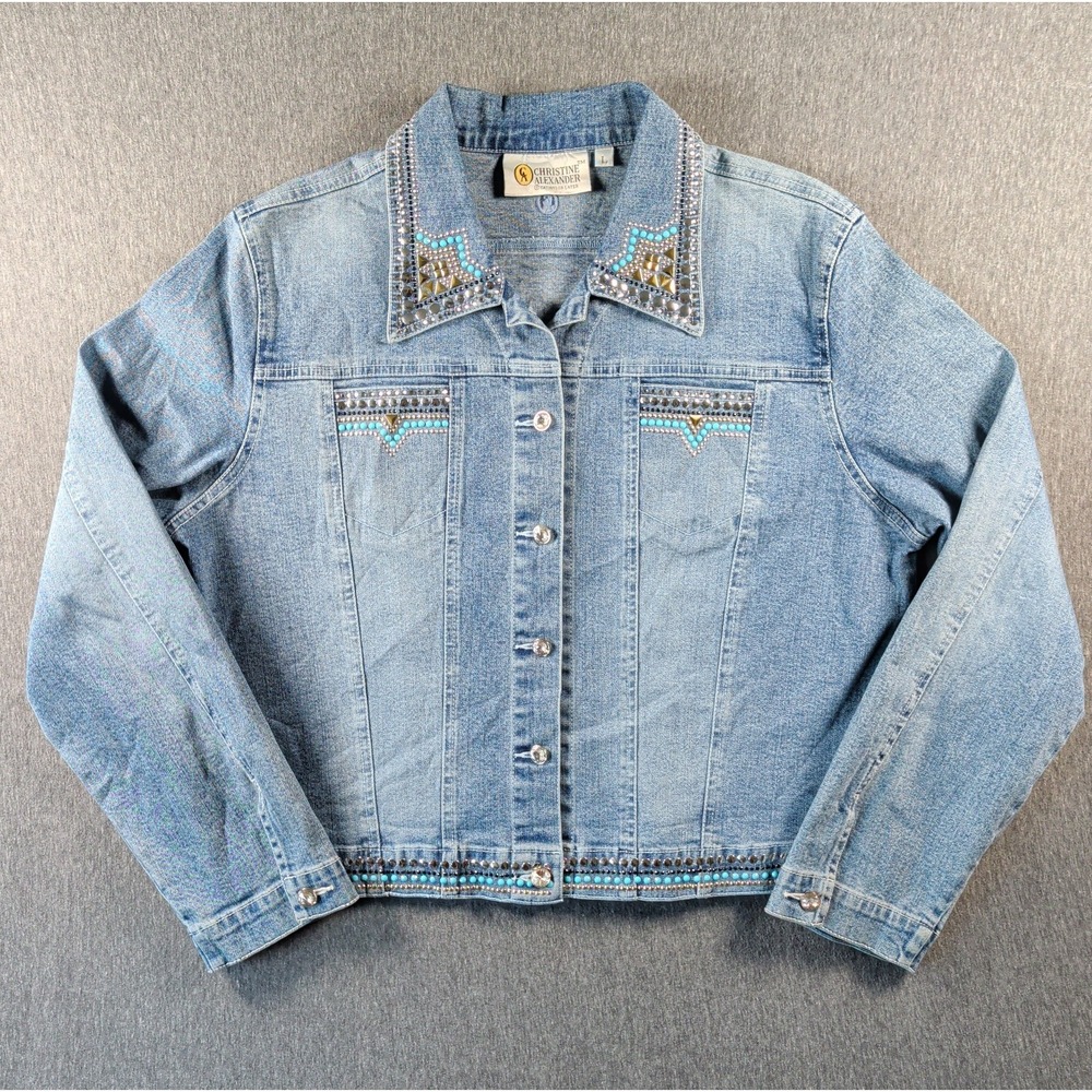 90s Christine Alexander Swarovski Crystal Jean Denim Jacket L Western Glam Rodeo